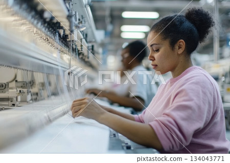 Diverse team of spinner turners operating machines in a modern industrial setting 134043771