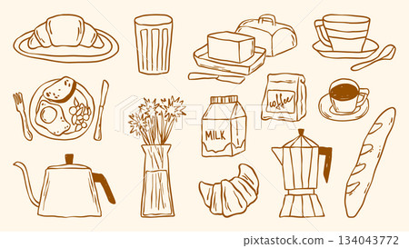 Coffee breakfast doodle set with crayon style Coffee breakfast doodle set with crayon style 134043772