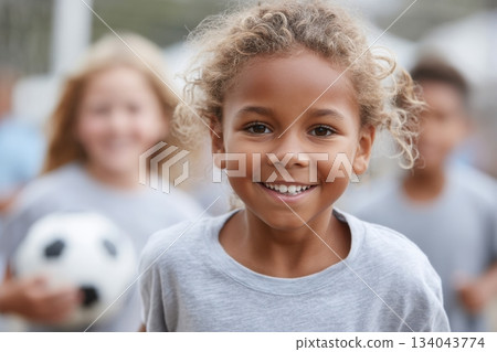 Kids enjoy summer sports day with teamwork and enthusiasm at community park soccer game Kids enjoy summer sports day with teamwork and enthusiasm at community park soccer game 134043774