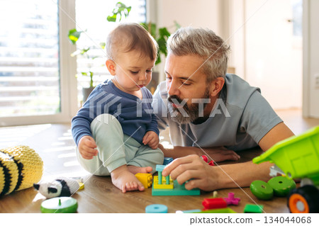 Father playing with little son with toys. Father playing with little son with toys. 134044068