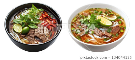 Traditional Vietnamese Pho soup with beef, rice noodles, chili, and lime isolated on white background, Asian cuisine 134044155