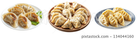 Pan-fried or steamed dumplings Jiaoz arranged on a wooden plate, isolated on white background, concept of Asian cuisine Pan-fried or steamed dumplings Jiaoz arranged on a wooden plate, isolated on white background, concept of Asian cuisine 134044160