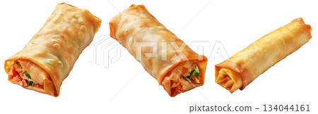 Crispy golden spring rolls with flaky texture shown isolated on white transparent background, Asian snack concept Crispy golden spring rolls with flaky texture shown isolated on white transparent background, Asian snack concept 134044161