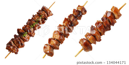 Grilled chicken yakitori skewer with teriyaki glaze or Isaw Filipino street food isolated on white transparent background 134044171