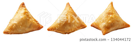Golden brown crispy samosas isolated on white transparent background, traditional Indian snack concept 134044172