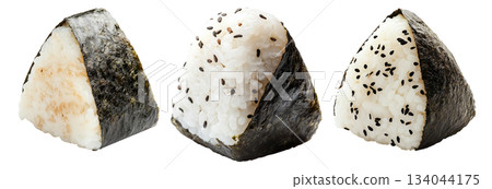 Japanese salmon onigiri rice ball wrapped in nori seaweed, isolated on white background, Asian cuisine concept Japanese salmon onigiri rice ball wrapped in nori seaweed, isolated on white background, Asian cuisine concept 134044175