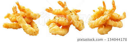 Deep fried shrimps tempura in golden batter, isolated on white background, concept of Japanese cuisine delicacy Deep fried shrimps tempura in golden batter, isolated on white background, concept of Japanese cuisine delicacy 134044178