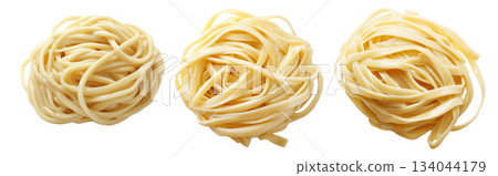 Raw fettuccine pasta nest or Japanese udon isolated on white transparent background, representing cooking ingredients Raw fettuccine pasta nest or Japanese udon isolated on white transparent background, representing cooking ingredients 134044179