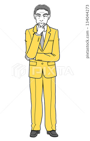 A middle-aged man in a suit standing with his hand on his chin (simple) A middle-aged man in a suit standing with his hand on his chin (simple) 134044273