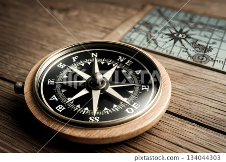 一張舊木桌上的指南針和磁羅盤 134044303