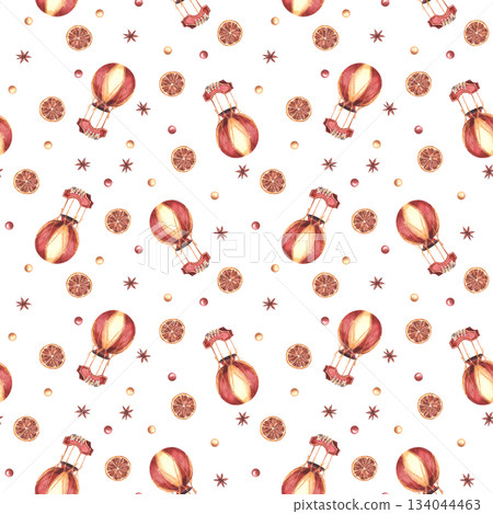 Watercolor Christmas seamless pattern. Vintage hot air balloon with anise star, dried orange slices and red gold balls. Hand drawn illustration on isolated white background festive winter tablecloth. 134044463