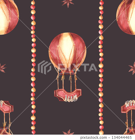 Christmas seamless pattern with Vintage hot air balloon, anise star and striped red gold balls garland. Watercolor hand drawn festive gift wrapping paper print Illustration on isolated dark background Christmas seamless pattern with Vintage hot air balloon, anise star and striped red gold balls garland. Watercolor hand drawn festive gift wrapping paper print Illustration on isolated dark background 134044465