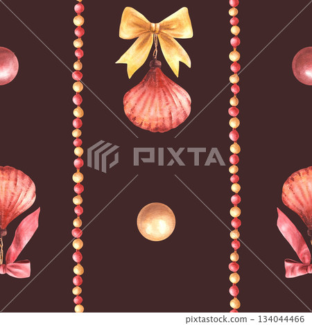 Seamless Christmas winter pattern. Tree toy in the shape of seashell with red gold bows and striped balls garland. Watercolor painted packaging, festive fabric. Illustration on isolated dark 134044466