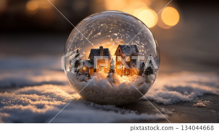 Snow globe with illuminated miniature winter village house 134044668