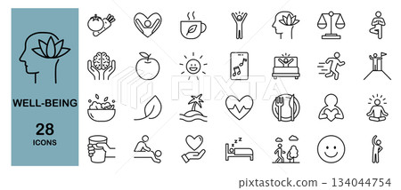 Wellbeing, health and happiness line icon set Wellbeing, health and happiness line icon set 134044754