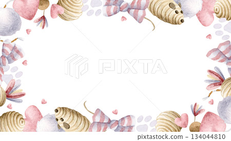 Cat toys watercolor horizontal frame with balls, pompom, mouse toys, rope with feathers and bows. Cute repeat banner template in pastel beige, pink and purple. Pet goods clip art with hearts and paws Cat toys watercolor horizontal frame with balls, pompom, mouse toys, rope with feathers and bows. Cute repeat banner template in pastel beige, pink and purple. Pet goods clip art with hearts and paws 134044810