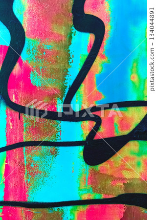 Neon Abstract Street Art with Bold Black Lines in Vibrant 80s Style Neon Abstract Street Art with Bold Black Lines in Vibrant 80s Style 134044891