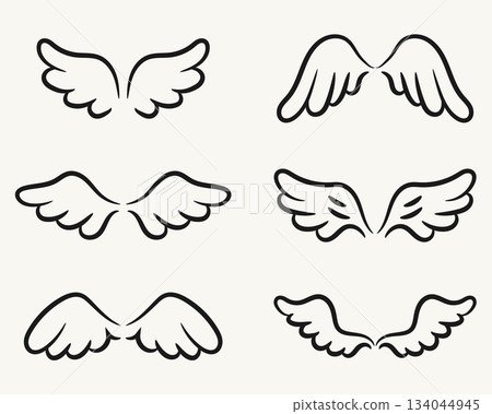 Hand drawn wing doodle vector set. Cartoon wings and angel feathers illustration.  134044945