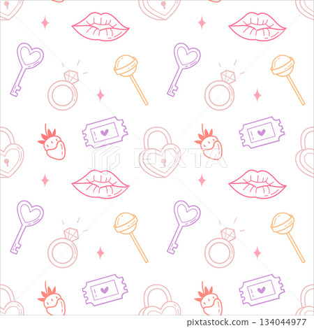 Cute Valentine Seamless Pattern with Heart Keys, Rings, Lips and Sweet Icons 134044977