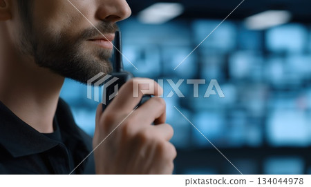 Close up of male security professional speaking into two way radio, with blurred surveillance monitors in background, ensuring situational awareness. Close up of male security professional speaking into two way radio, with blurred surveillance monitors in background, ensuring situational awareness. 134044978