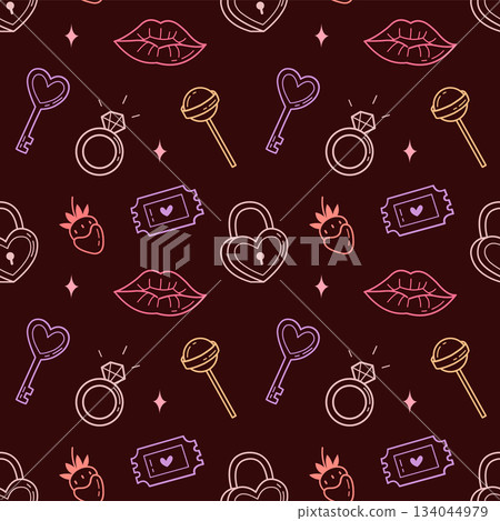 Valentine Seamless Pattern with Hearts, Keys and Lips on Dark Background 134044979