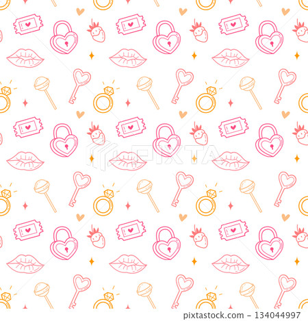 Cute seamless pattern with romantic icons. Ideal for wrapping and textiles. Perfect for Valentines Day designs. Cute seamless pattern with romantic icons. Ideal for wrapping and textiles. Perfect for Valentines Day designs. 134044997