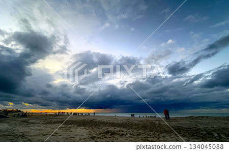 Nieuwpoort, West-Vlaanderen, Belgium, Ocotber 25th, 2025, Chaotic horizon with dark clouds draping 134045088