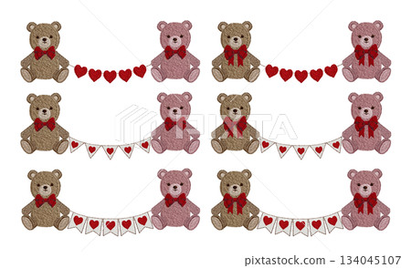 [Teddy bear and heart garland set] Hand-embroidered illustration material 134045107