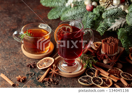 Christmas drinks on a brown vintage background. Christmas drinks on a brown vintage background. 134045136