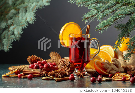 Hot Christmas drink with spices. 134045158