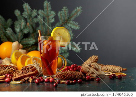 Hot Christmas drink with spices. Hot Christmas drink with spices. 134045160