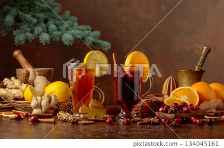 Hot Christmas drinks with ingredients. Hot Christmas drinks with ingredients. 134045161