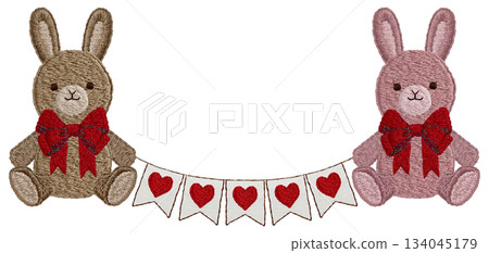 [Stuffed rabbit and heart garland] Hand-embroidered illustration material 134045179