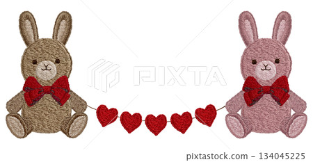 [Stuffed rabbit and heart garland] Hand-embroidered illustration material 134045225