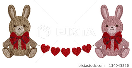 [Stuffed rabbit and heart garland] Hand-embroidered illustration material 134045226