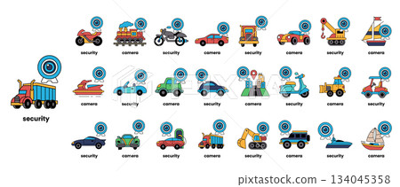 A collection of vehicles with a blue circle in the middle that says security A collection of vehicles with a blue circle in the middle that says security 134045358