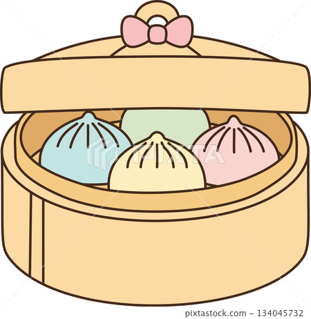 Steamed Dim Sum Dumplings in Bamboo Steamer Basket with Pastel Colors 134045732