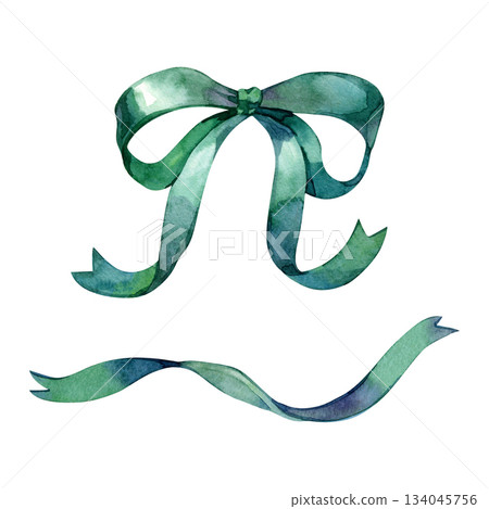 Watercolor green bow with soft textured ribbons in graceful curves. Ideal for eco-style packaging, botanical themes, festive decor, invitations, gift branding, craft projects and elegant visual Watercolor green bow with soft textured ribbons in graceful curves. Ideal for eco-style packaging, botanical themes, festive decor, invitations, gift branding, craft projects and elegant visual 134045756