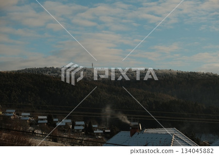 Winter Forest Village Snowy Mountain Landscape View 134045882