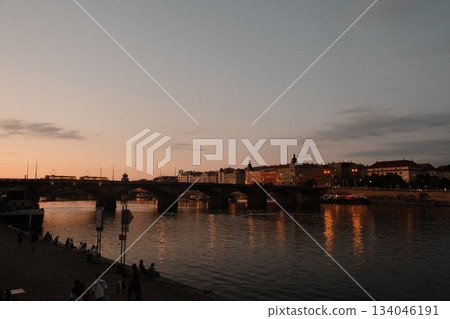Prague Charles Bridge Evening River Reflections 134046191