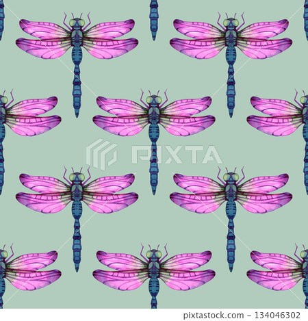 Colorful watercolor dragonfly pattern with bright pink wings and delicate details. A whimsical repeating design perfect for fabrics, children s d cor, gift wrap, stationery and creative projects Colorful watercolor dragonfly pattern with bright pink wings and delicate details. A whimsical repeating design perfect for fabrics, children s d cor, gift wrap, stationery and creative projects 134046302