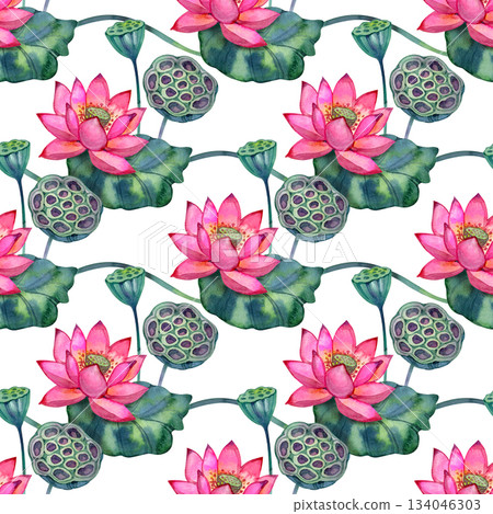 Watercolor seamless pattern with blooming pink lotus flowers, lush leaves, and seed pods. Calm botanical design suitable for textiles, wellness themes, spa prints, wallpapers, and elegant natural 134046303