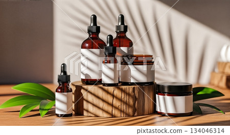 Amber glass dropper bottles with white label on wooden log podium with strong leaf shadow natural skincare cosmetic product packaging mockup 134046314