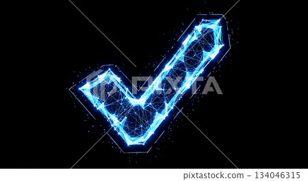 Abstract blue check mark made of connecting dots and lines glowing for decentralized network and cloud computing Abstract blue check mark made of connecting dots and lines glowing for decentralized network and cloud computing 134046315
