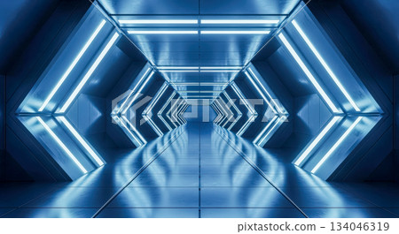 Futuristic blue neon light tunnel, abstract sci-fi corridor with glowing lines and reflective floor, modern technology and virtual reality concept background Futuristic blue neon light tunnel, abstract sci-fi corridor with glowing lines and reflective floor, modern technology and virtual reality concept background 134046319