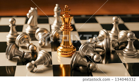 golden chess king piece standing among fallen silver pawns victory success leadership strategy competition concept 134046332