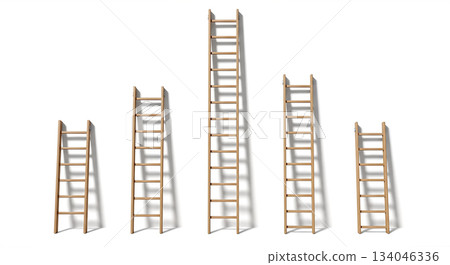 Five wooden ladders of different heights standing in row against white wall casting shadow concept of career growth competition levels 134046336