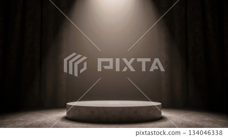Dark concrete stage with bright spotlight in shadowy room, dramatic isolated podium background, minimalist industrial performance space 134046338