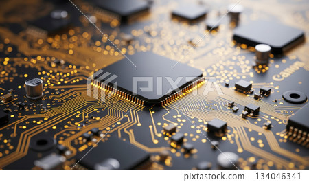 Gold circuit board with central computer processor and glowing golden tracks, futuristic hardware technology background showing powerful microchip and modern electronics innovation 134046341