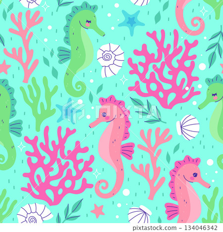 Seamless pattern with seahorses, corals, and shells. Vector graphics. 134046342